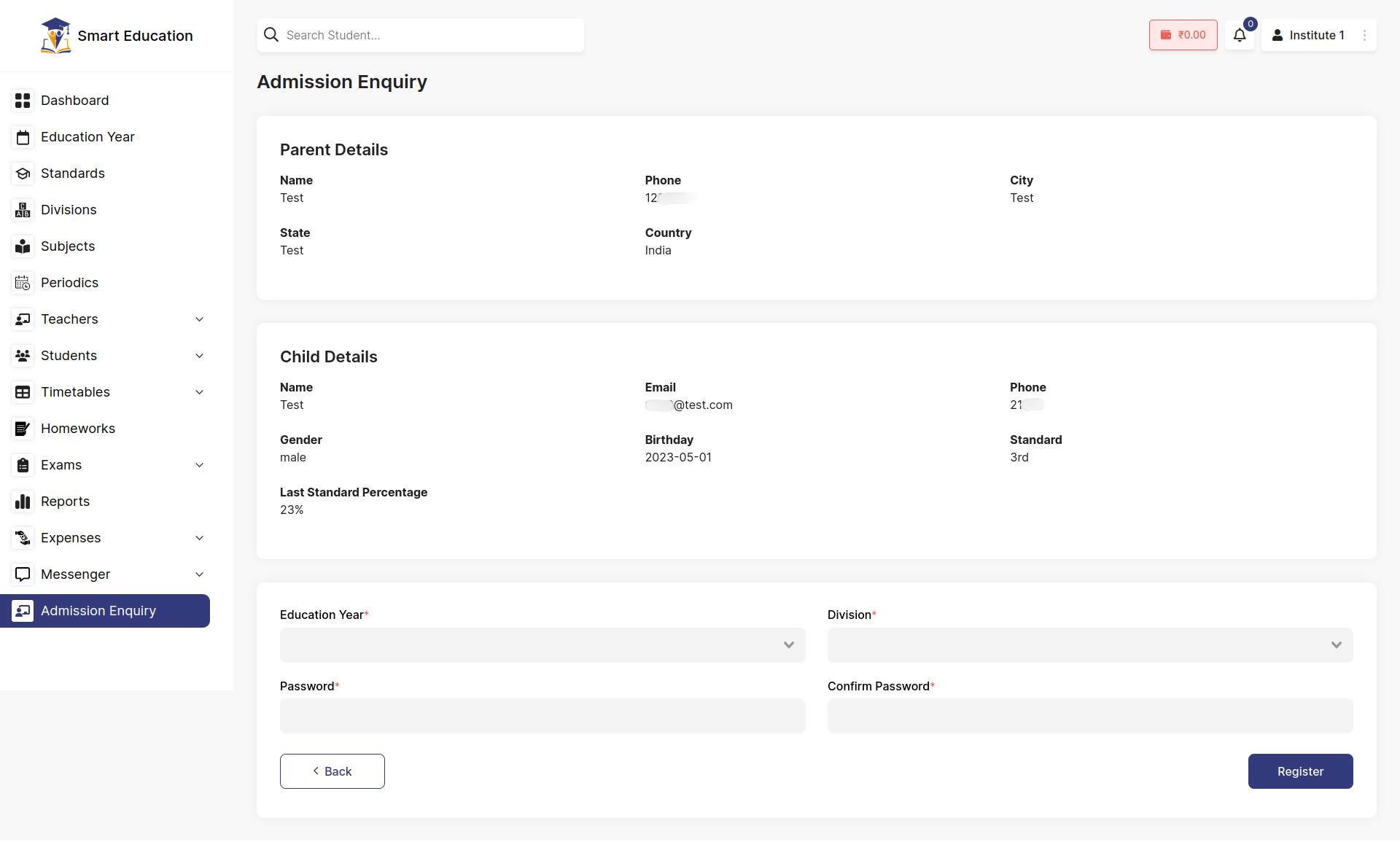 Admission Enquiry view